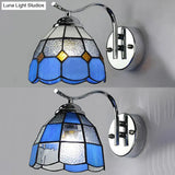 Tiffany Style Tapered Wall Light: Square/Gem Pattern Stained Glass Sconce In Blue