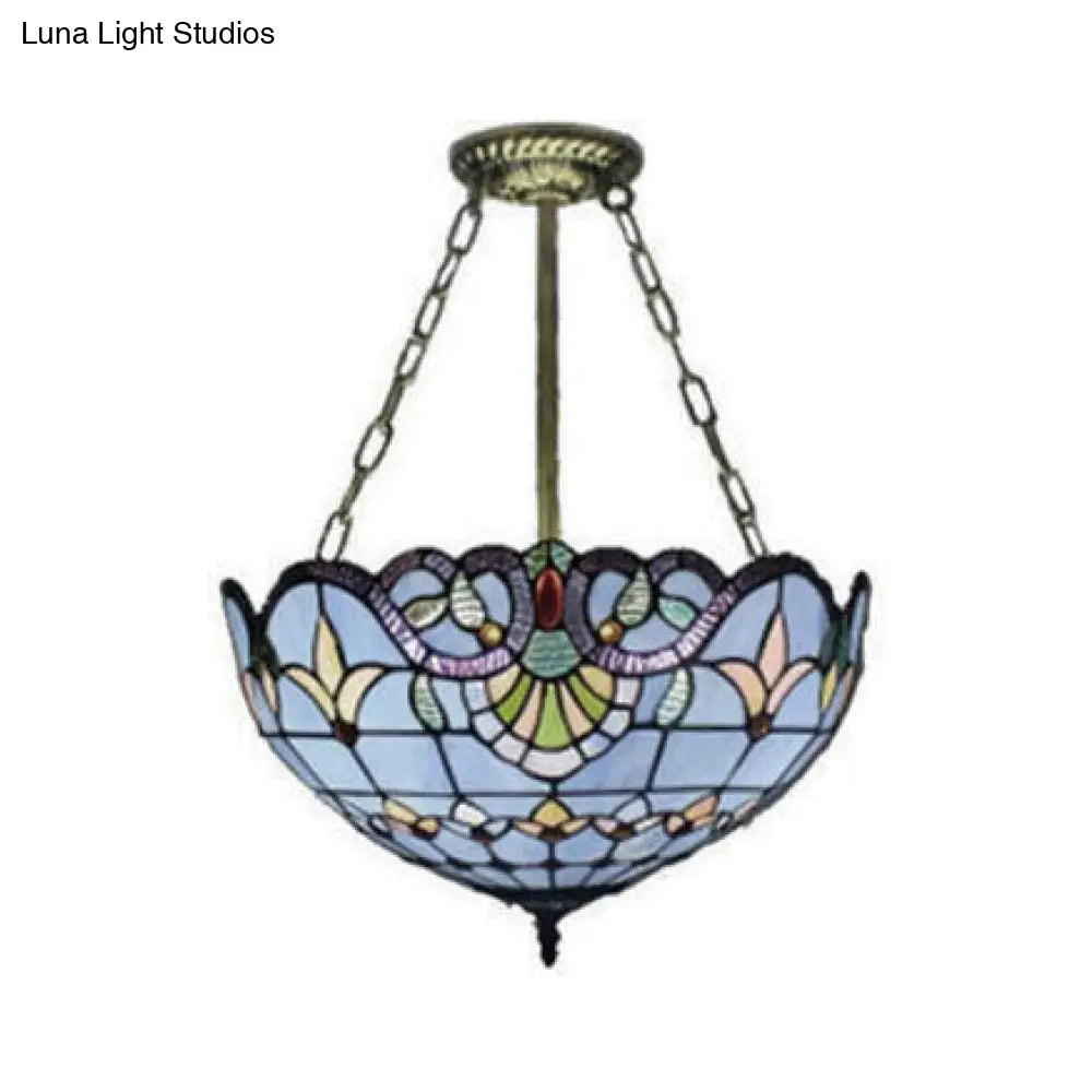Tiffany-Style Victorian Ceiling Fixture For Study Room With Multi-Colored Glass Semi Flush Mount