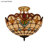 Tiffany-Style Victorian Ceiling Fixture For Study Room With Multi-Colored Glass Semi Flush Mount