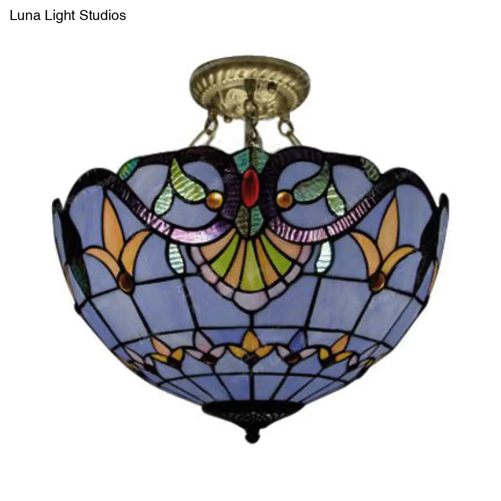 Tiffany-Style Victorian Ceiling Fixture For Study Room With Multi-Colored Glass Semi Flush Mount
