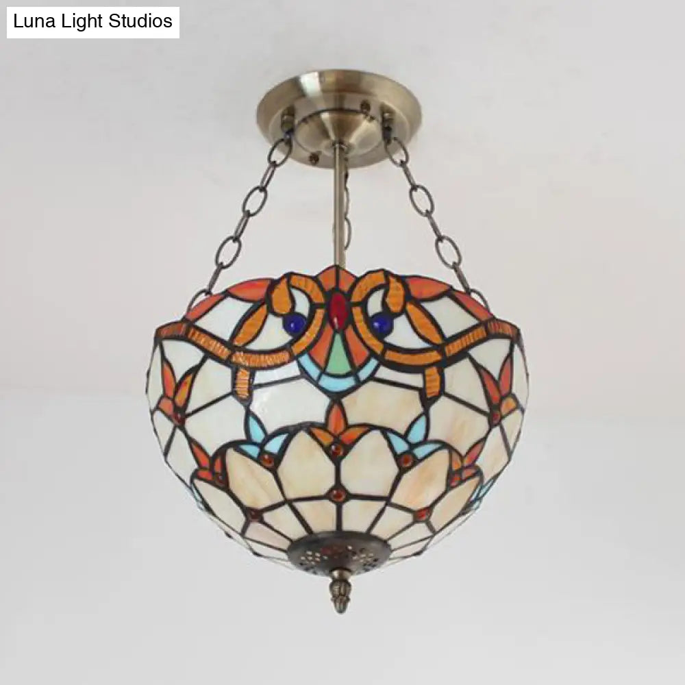 Tiffany-Style Victorian Ceiling Fixture For Study Room With Multi-Colored Glass Semi Flush Mount