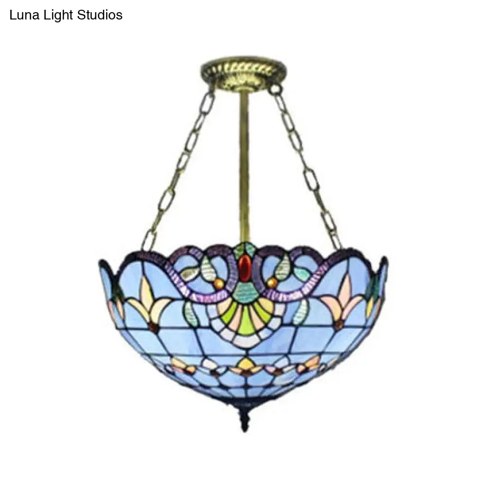 Tiffany-Style Victorian Ceiling Fixture For Study Room With Multi-Colored Glass Semi Flush Mount