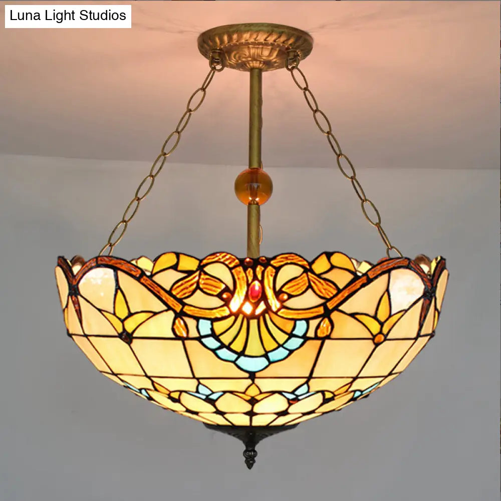 Tiffany-Style Victorian Ceiling Fixture For Study Room With Multi-Colored Glass Semi Flush Mount