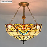 Tiffany-Style Victorian Ceiling Fixture For Study Room With Multi-Colored Glass Semi Flush Mount