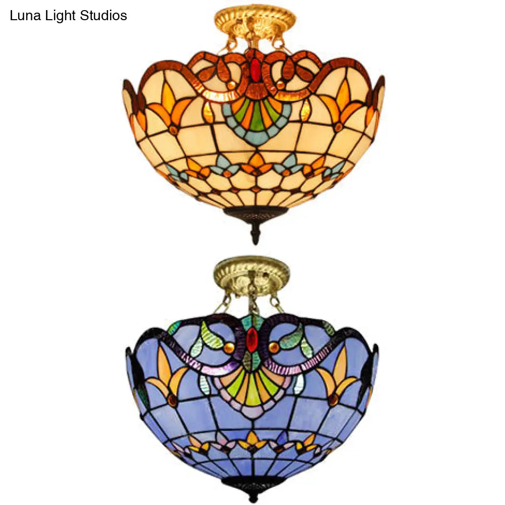 Tiffany-Style Victorian Ceiling Fixture For Study Room With Multi-Colored Glass Semi Flush Mount