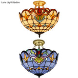 Tiffany-Style Victorian Ceiling Fixture For Study Room With Multi-Colored Glass Semi Flush Mount
