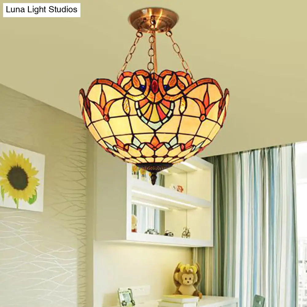 Tiffany-Style Victorian Ceiling Fixture For Study Room With Multi-Colored Glass Semi Flush Mount