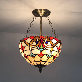 Tiffany-Style Victorian Ceiling Fixture For Study Room With Multi-Colored Glass Semi Flush Mount Red