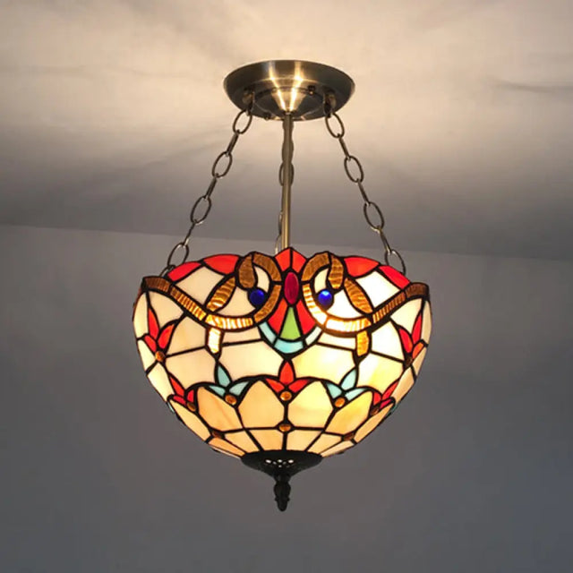 Tiffany-Style Victorian Ceiling Fixture For Study Room With Multi-Colored Glass Semi Flush Mount Red