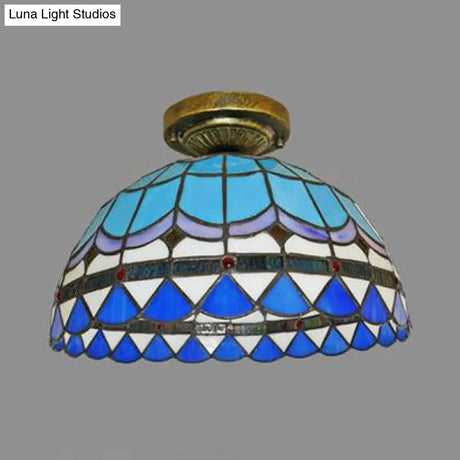 Tiffany Style Victorian/Flower/Pearl/Baroque Flush Mount Lamp With Stained Glass Shade - Antique