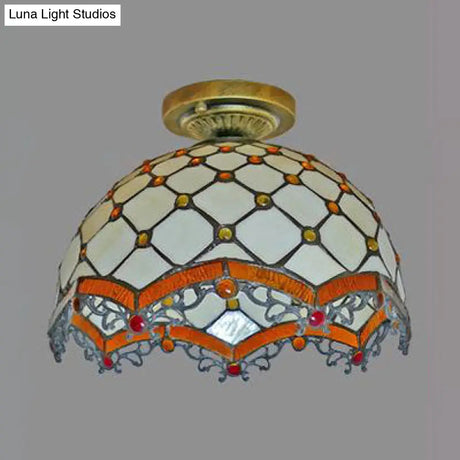 Tiffany Style Victorian/Flower/Pearl/Baroque Flush Mount Lamp With Stained Glass Shade - Antique
