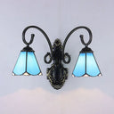 Tiffany Style Wall Mount Light: Stained Glass Cone Fixture With 2 Lights In White/Blue For Corridor