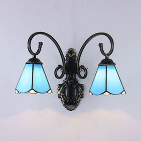 Tiffany Style Wall Mount Light: Stained Glass Cone Fixture With 2 Lights In White/Blue For Corridor