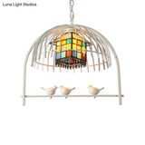 Tiffany Style White Bird Cage Pendant Light With Stainless Glass Ceiling Lamp