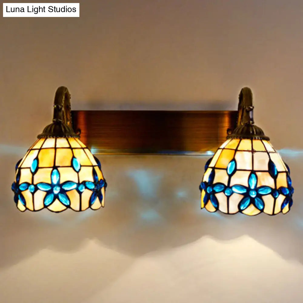 Tiffany Vanity Wall Sconce - Aged Brass With Natural Shell Shade And Mirror Lights