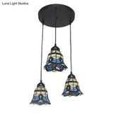 Tiffany Victorian Bell Shade Stained Glass Pendant Light - Blue 3 Heads Hotel Style