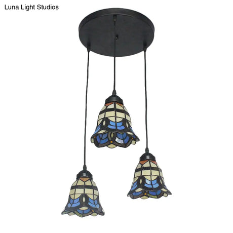 Tiffany Victorian Bell Shade Stained Glass Pendant Light - Blue 3 Heads Hotel Style