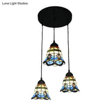 Tiffany Victorian Bell Shade Stained Glass Pendant Light - Blue 3 Heads Hotel Style