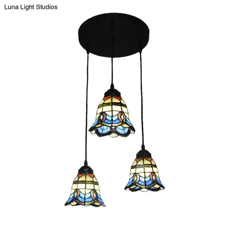 Tiffany Victorian Bell Shade Stained Glass Pendant Light - Blue 3 Heads Hotel Style