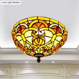 Tiffany Victorian Yellow Flush Ceiling Light Dome - Stained Glass Mount For Hotels
