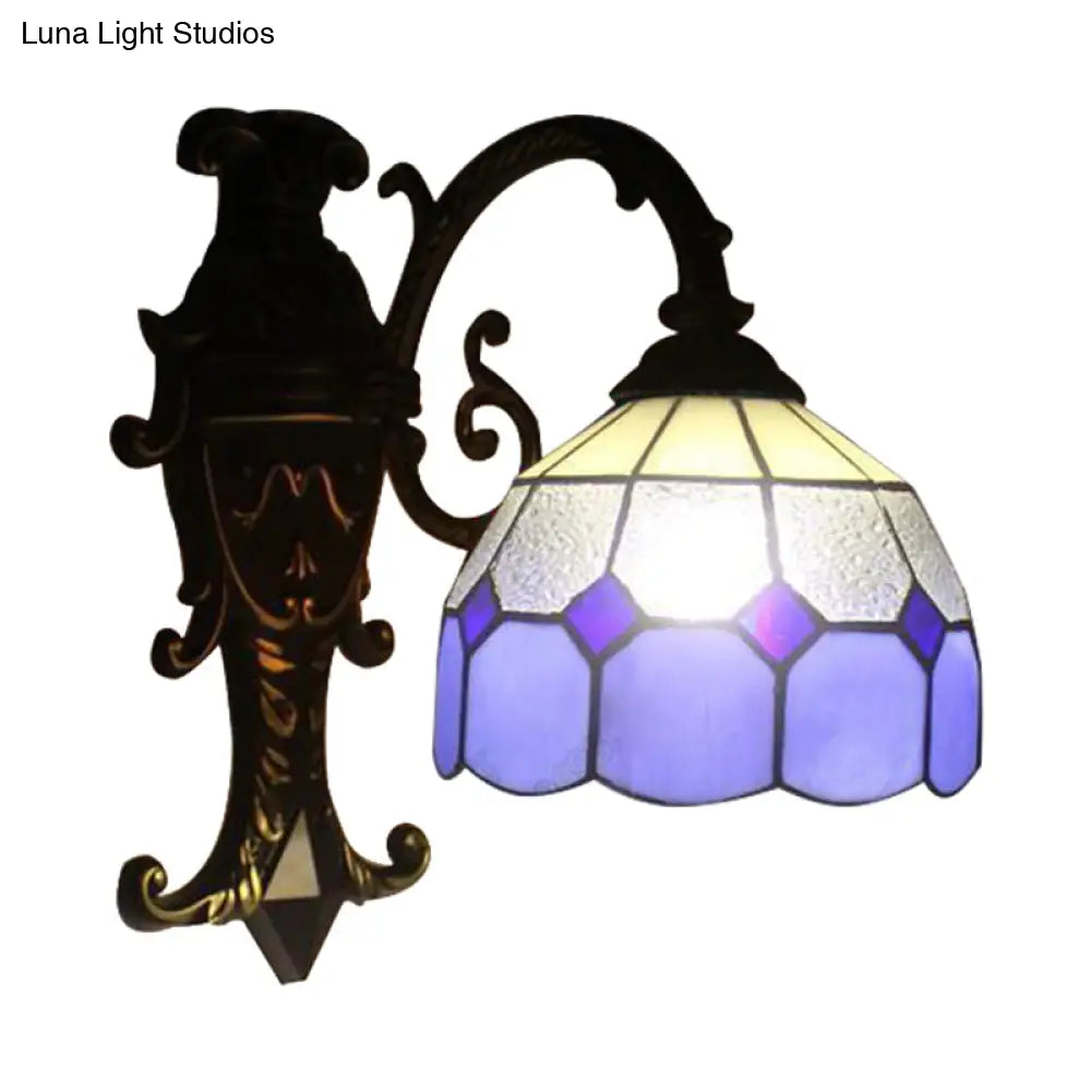 Tiffany Vintage Blue Glass Grid Dome Wall Sconce - 1 Light For Dining Room