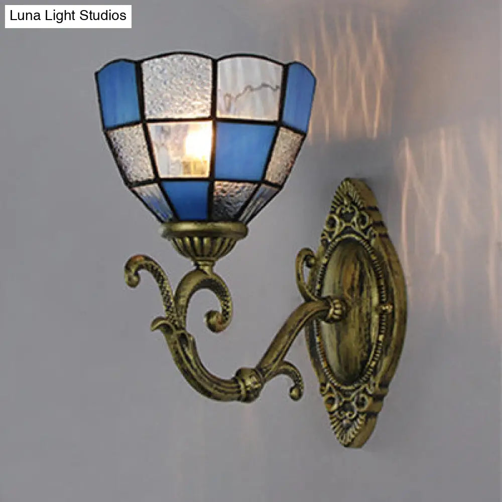 Tiffany Vintage Grid Glass Bowl Wall Sconce Lamp - Clear/Blue 1 Light For Bedroom Lighting