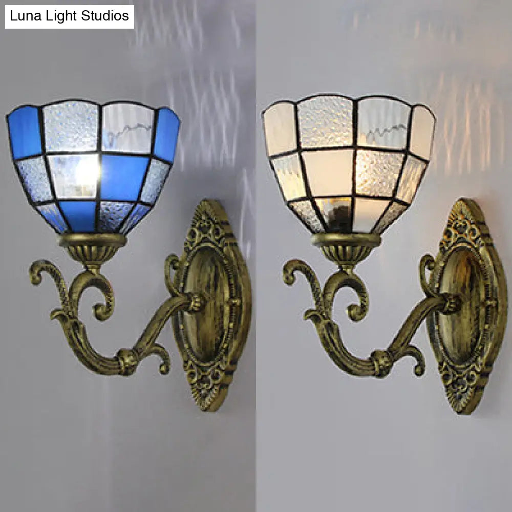 Tiffany Vintage Grid Glass Bowl Wall Sconce Lamp - Clear/Blue 1 Light For Bedroom Lighting