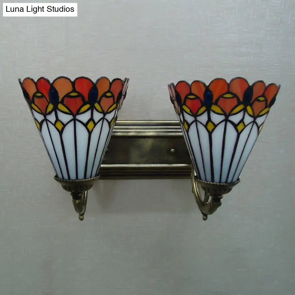 Tiffany Vintage Orange Wall Sconce With Cone Shade - 2-Light Art Glass Light For Bathroom