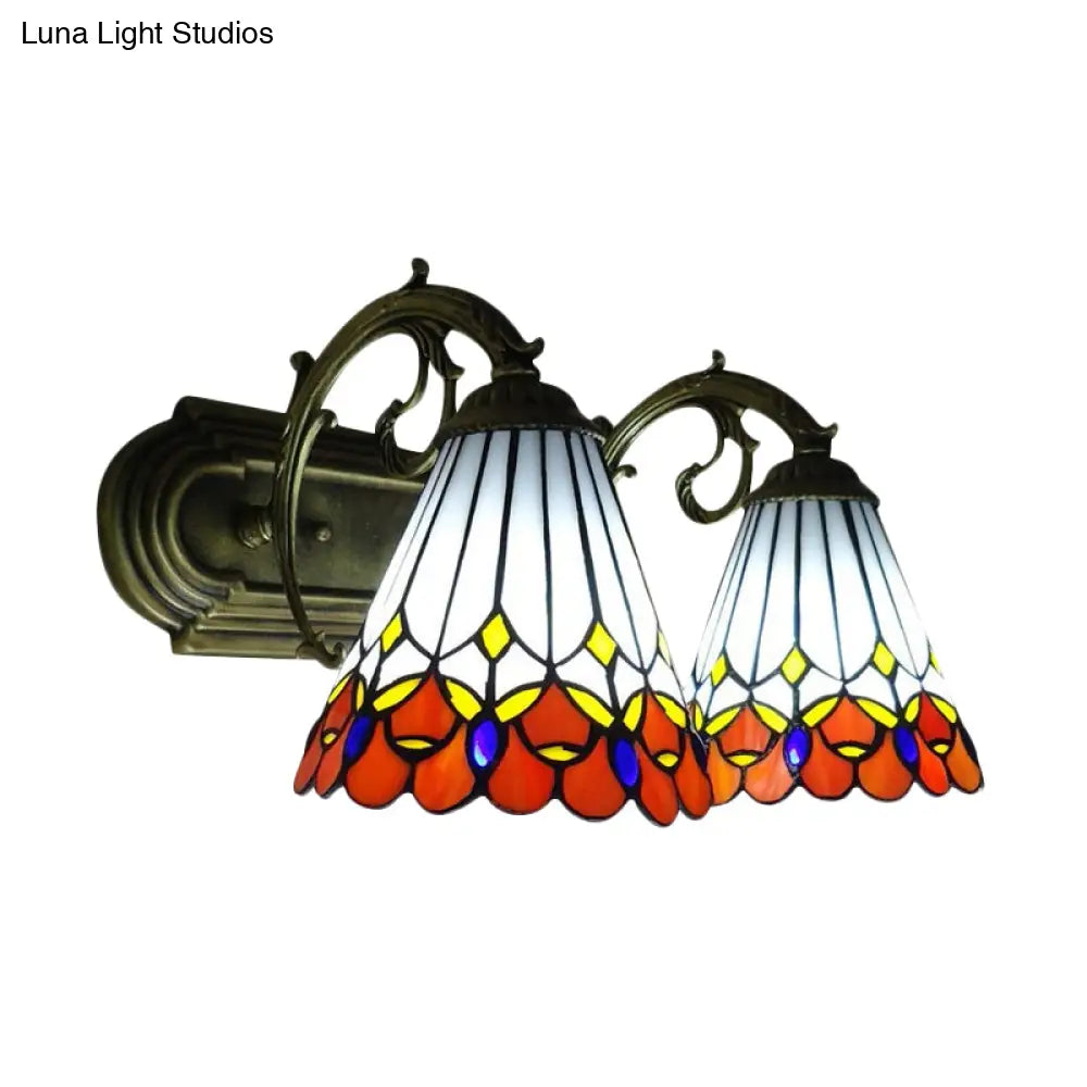 Tiffany Vintage Orange Wall Sconce With Cone Shade - 2-Light Art Glass Light For Bathroom