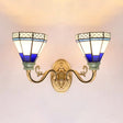 Tiffany Wall Lamp With Stained Glass Cone Shade - 2-Light Foyer Lighting Dark Blue