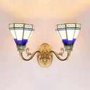 Tiffany Wall Lamp With Stained Glass Cone Shade - 2-Light Foyer Lighting Dark Blue