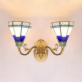 Tiffany Wall Lamp With Stained Glass Cone Shade - 2-Light Foyer Lighting Dark Blue