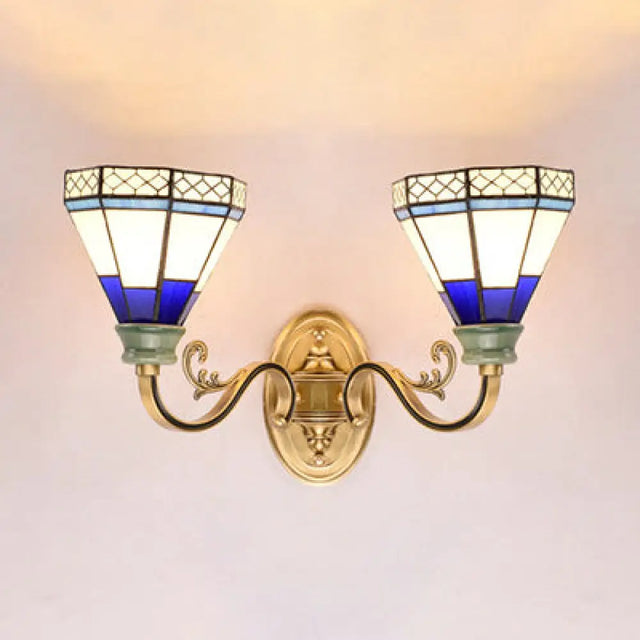 Tiffany Wall Lamp With Stained Glass Cone Shade - 2-Light Foyer Lighting Dark Blue