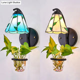 Tiffany Wall Mount Light With Plant Decoration - Cone Sconce Lighting Beige/Blue Glass 1 Head