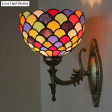 Tiffany Wall Sconce Light - Single-Bulb Stained Glass Fixture In Bronze With Spots And Semicircles