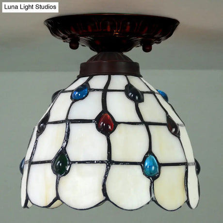 Tiffany White Grid Glass Flush Mount Ceiling Light With Jewels