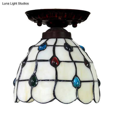 Tiffany White Grid Glass Flush Mount Ceiling Light With Jewels