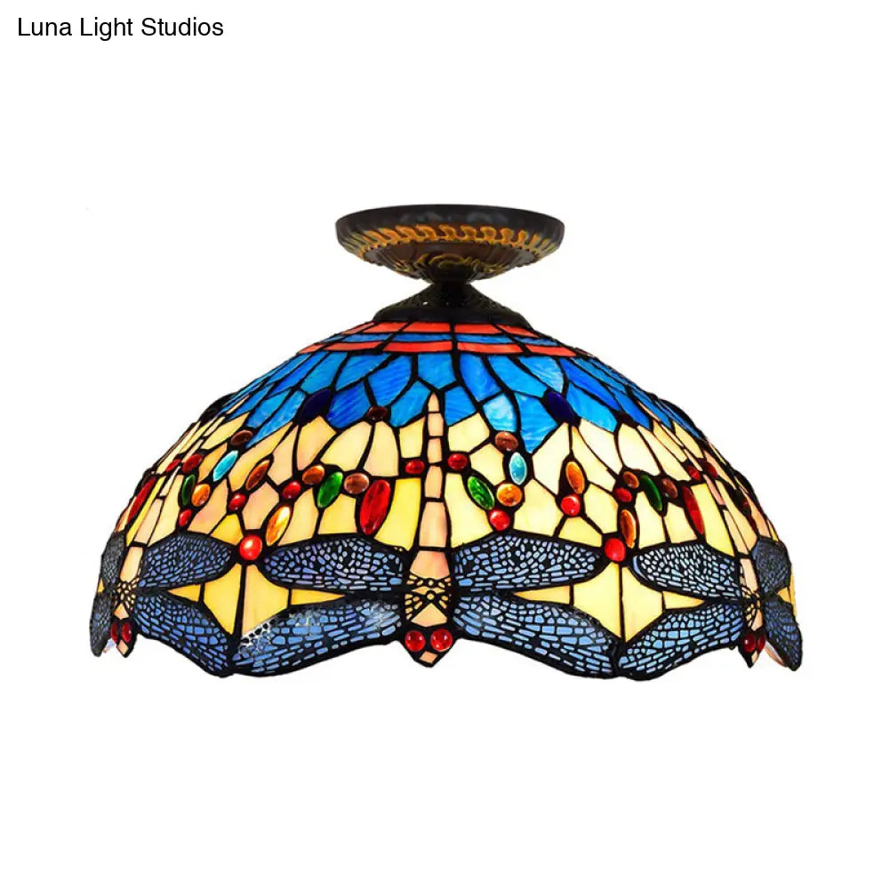 Tiffany White/Red Dragonfly Stained Glass Porch Ceiling Mount Lamp