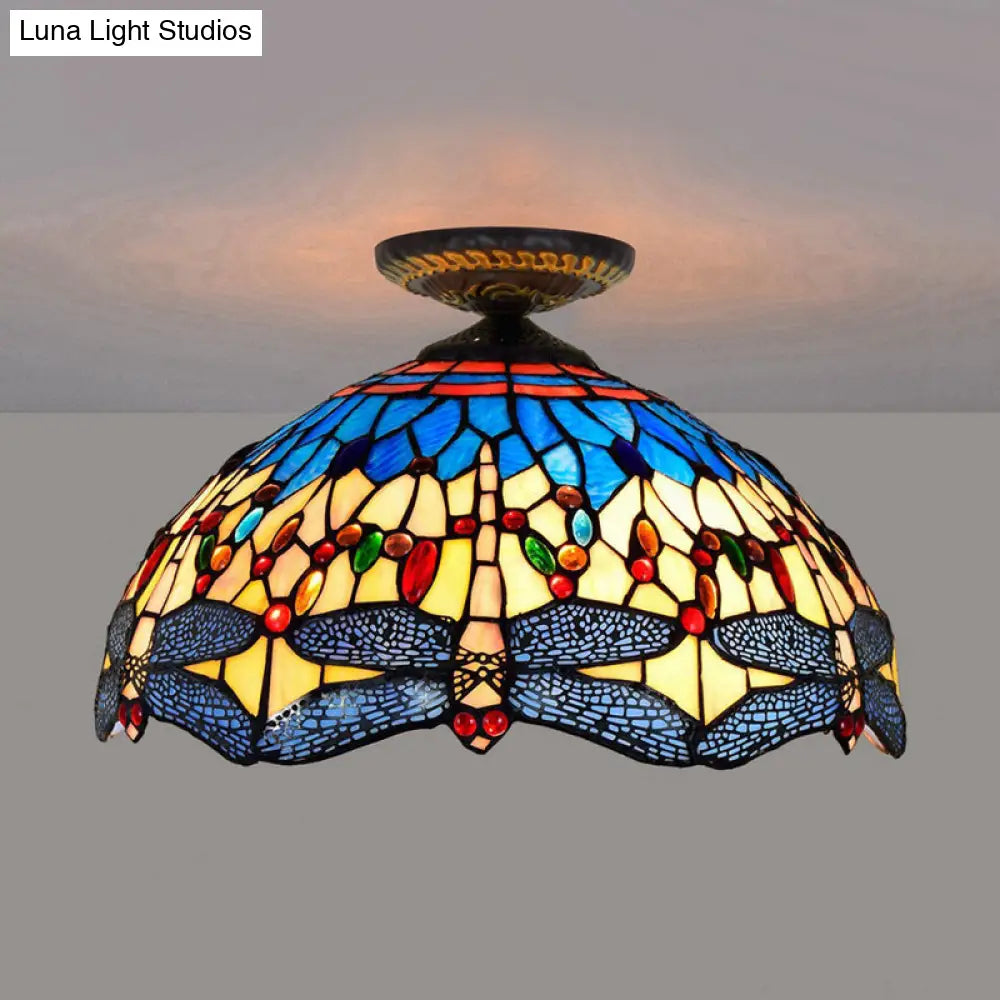 Tiffany White/Red Dragonfly Stained Glass Porch Ceiling Mount Lamp