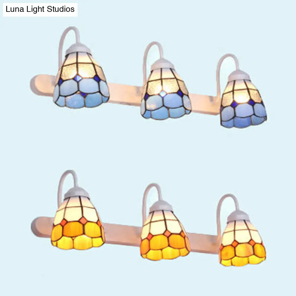 Tiffany Yellow/Blue Glass Grid Patterned Wall Light Fixture - White 3-Head Vanity Lighting