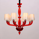 Tradition Starburst Glass Chandelier - 12 Bulbs White/Red/Blue With Cone Fabric Shade Red