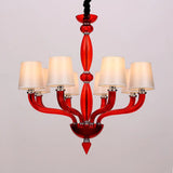 Tradition Starburst Glass Chandelier - 12 Bulbs White/Red/Blue With Cone Fabric Shade Red