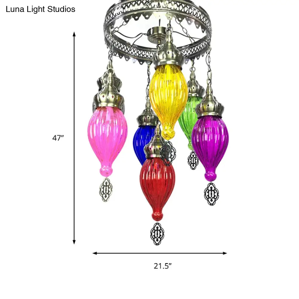 Tradition Urn Ceiling Chandelier - Colorful Glass 7 Bulbs Bronze Finish