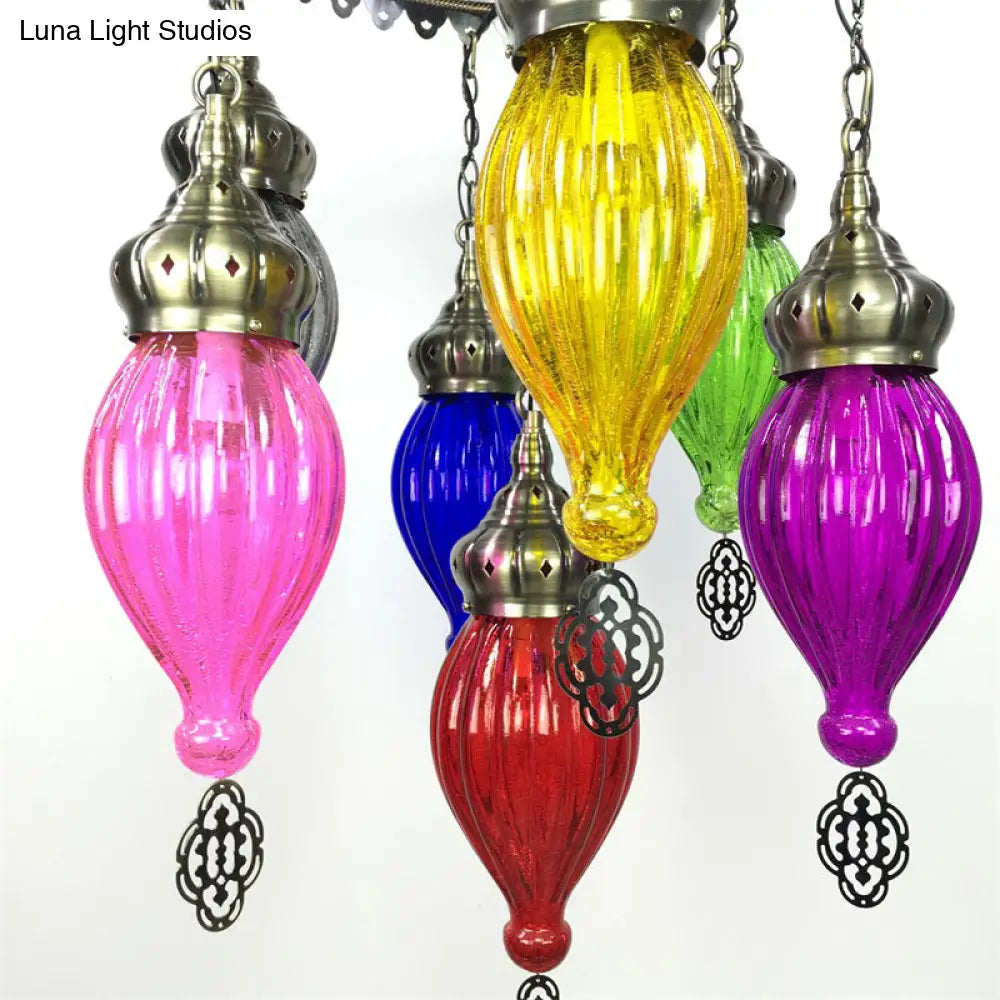Tradition Urn Ceiling Chandelier - Colorful Glass 7 Bulbs Bronze Finish