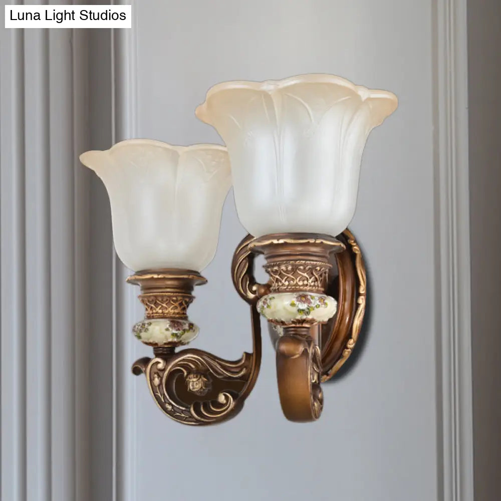 Traditional 1/2-Light Floral Wall Sconce With Cream Glass Shade - Brown Bedroom Lamp