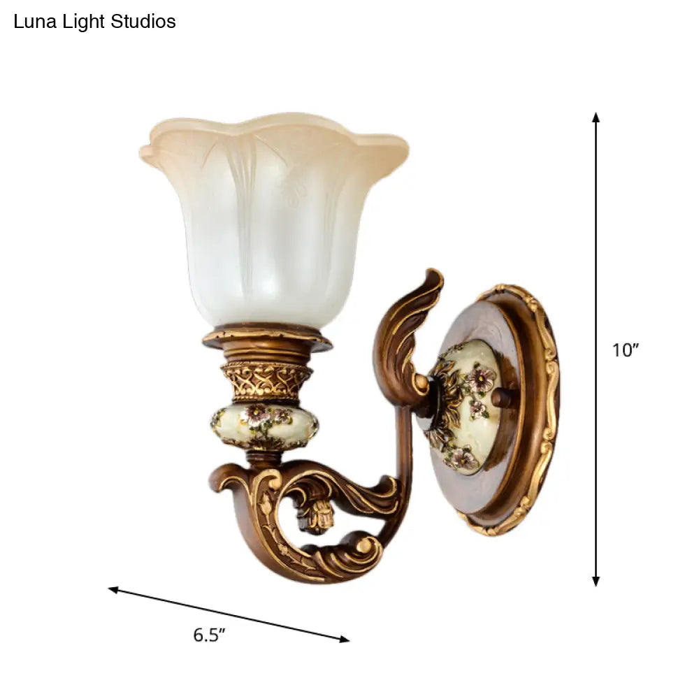 Traditional 1/2-Light Floral Wall Sconce With Cream Glass Shade - Brown Bedroom Lamp