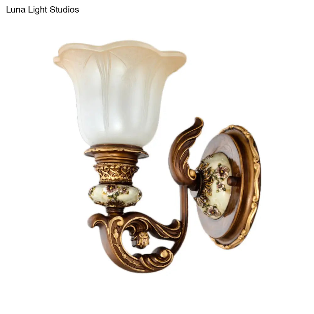 Traditional 1/2-Light Floral Wall Sconce With Cream Glass Shade - Brown Bedroom Lamp
