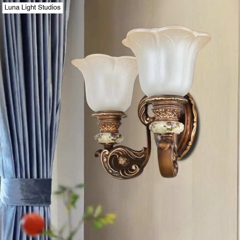 Traditional 1/2-Light Floral Wall Sconce With Cream Glass Shade - Brown Bedroom Lamp