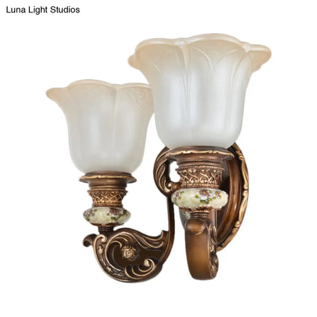 Traditional 1/2-Light Floral Wall Sconce With Cream Glass Shade - Brown Bedroom Lamp