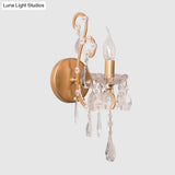 Traditional 1-Bulb Metallic Wall Light With Crystal Droplet In Gold - Perfect For Hallways